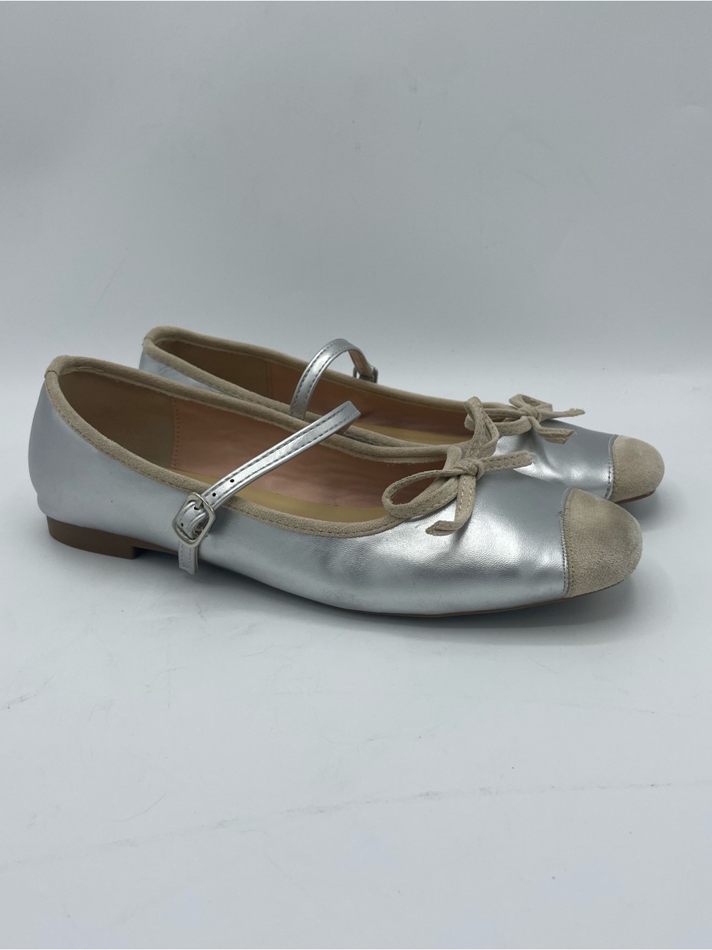 C. Paravano Clara Silver Mary Jane Ballet Flats with Beige Suede Trim and Bow. - Picture 3 of 11
